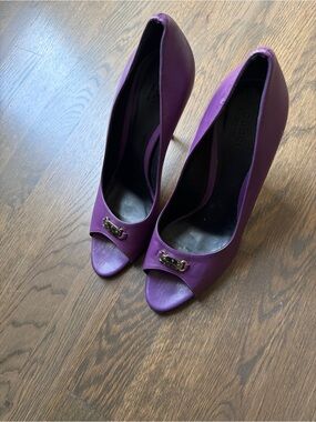 Gucci Purple Leather Horsebit Peep Toe Stiletto Pumps Heel